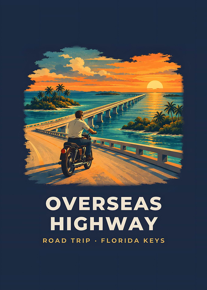 Overseas Highway Vintage Road Trip Poster Sunset Ride