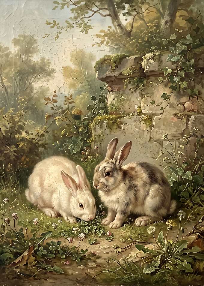 Two Rabbits in a Forest Clearing