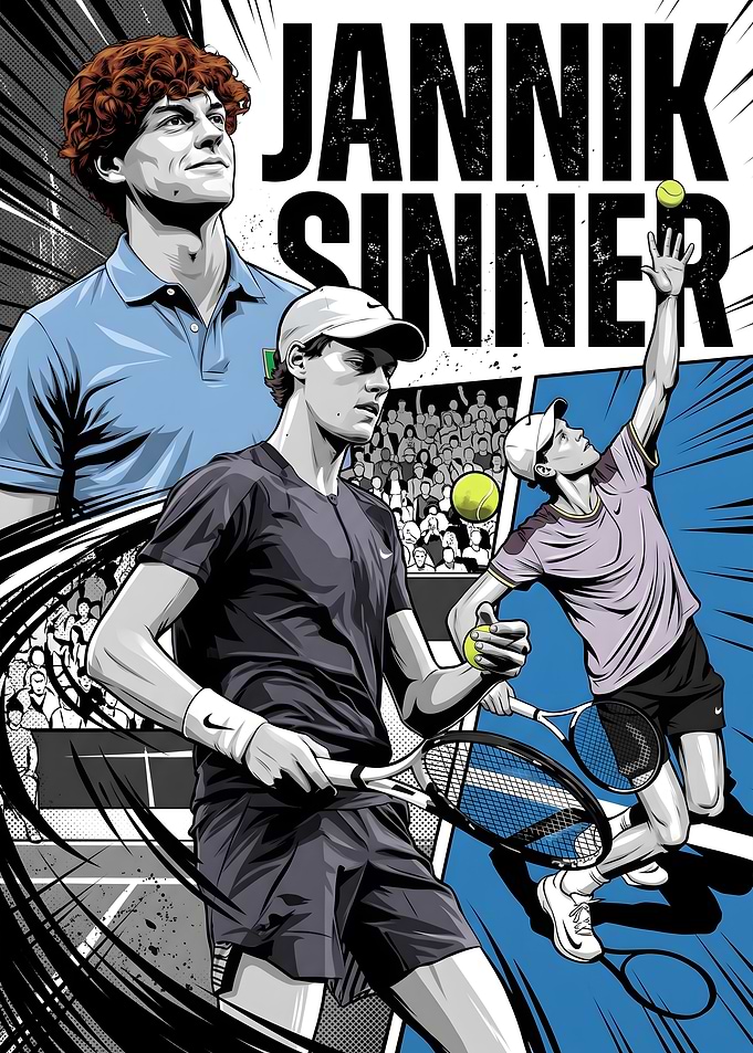 Jannik Sinner Tennis Comic Art Poster