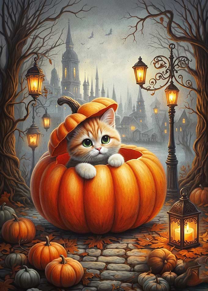 Pumpkin Cat Gothic Castle Art