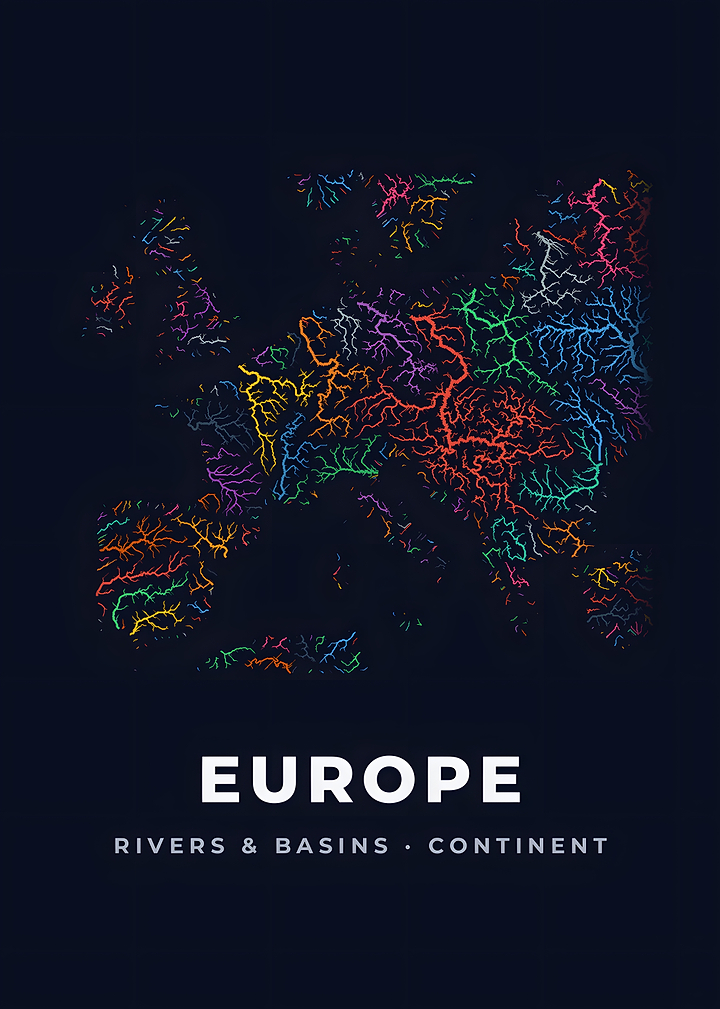 Europe Neon River Basin Map