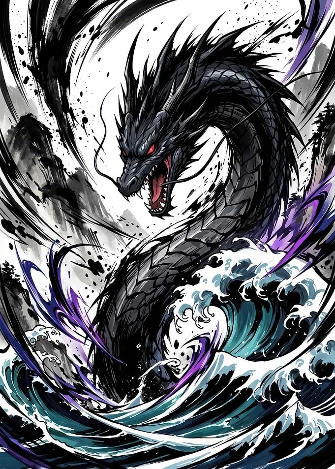 Fierce Black Dragon Rising from Waves
