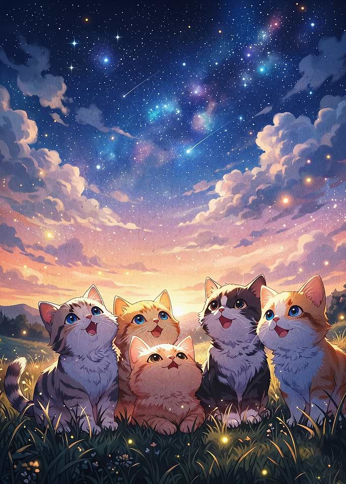 Cats Stargazing Cute Fantasy Art