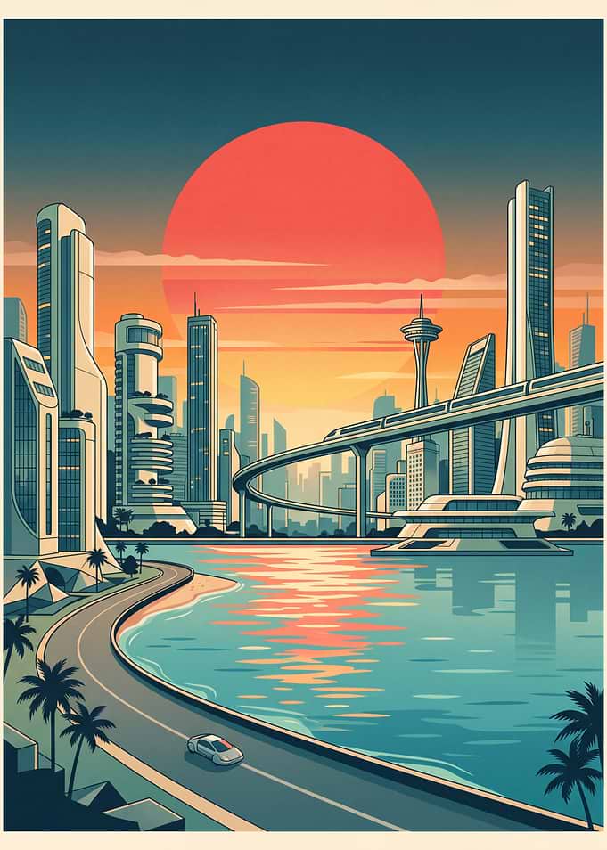 Futuristic Seattle Skyline Sunset Poster