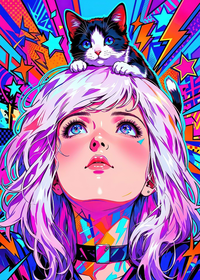 Pop Art Anime Girl with Kitten