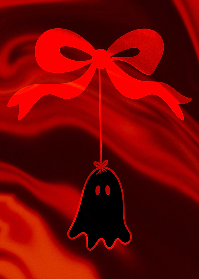 Cute Ghost Hanging from Red Bow