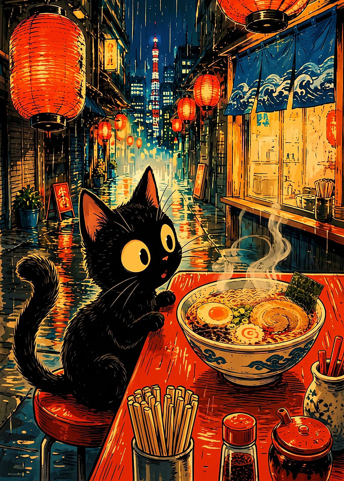 Black Cat Eating Ramen in Tokyo
