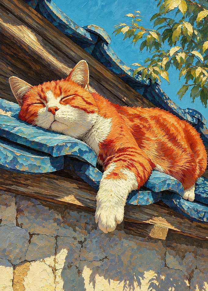 Ginger Cat Sleeping on Blue Roof