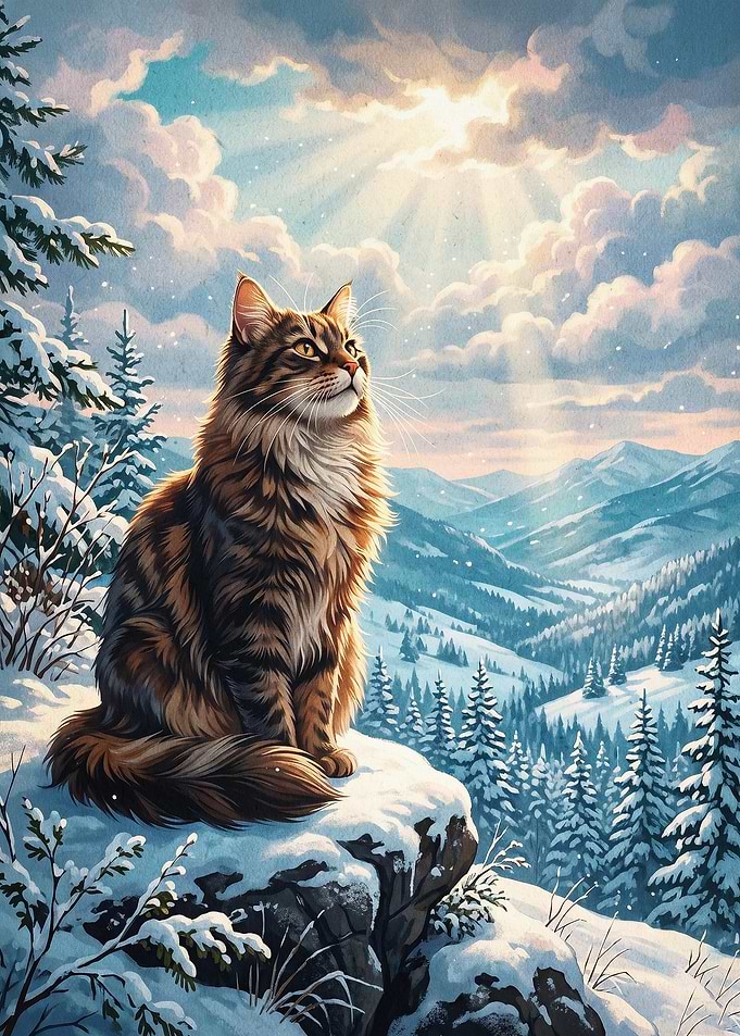 Cat Winter Mountain Snowy Forest Ar