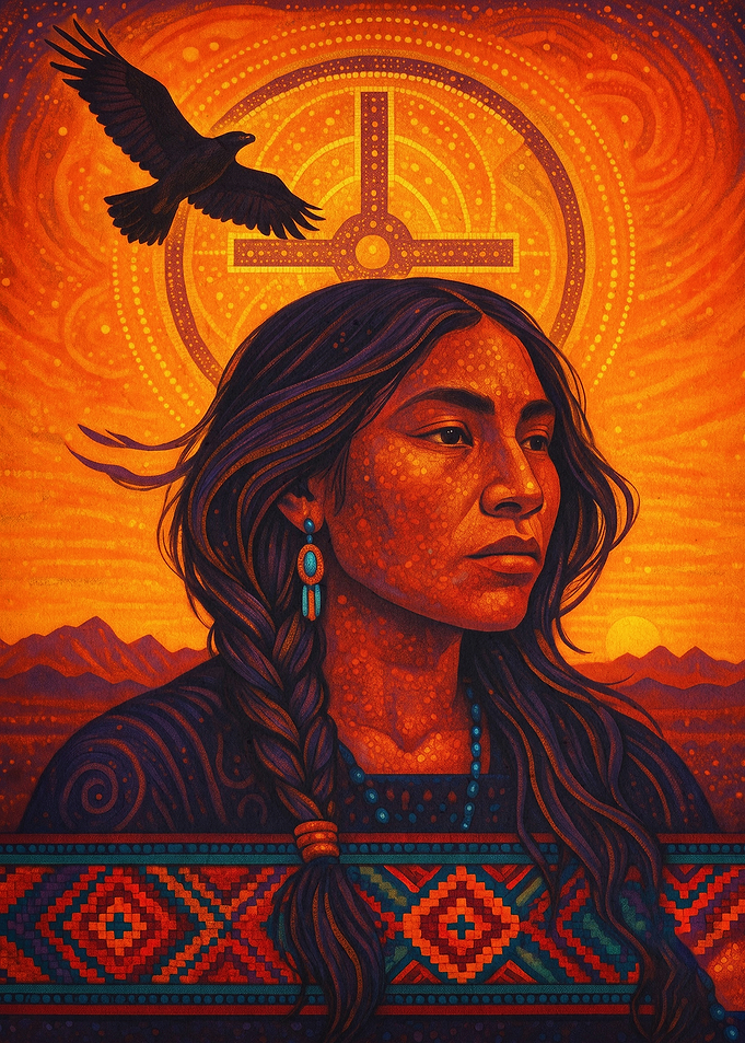 Native Woman Crow Sun Art Poster