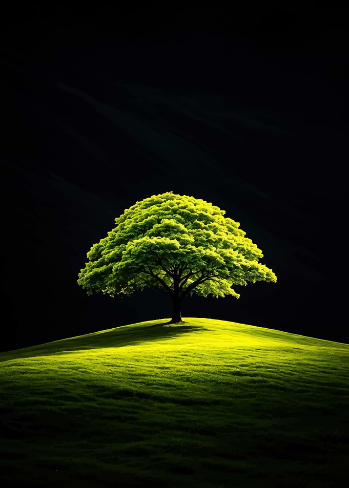 Vibrant Green Tree on Hill