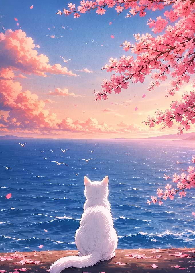 White Cat Watching Ocean Sunset