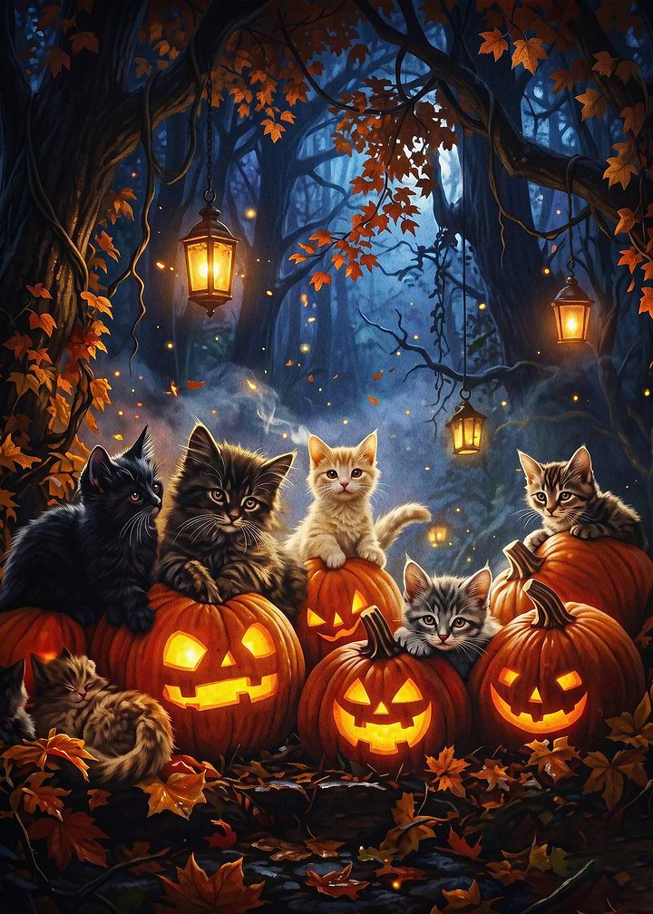Halloween Cats Pumpkin Forest Art