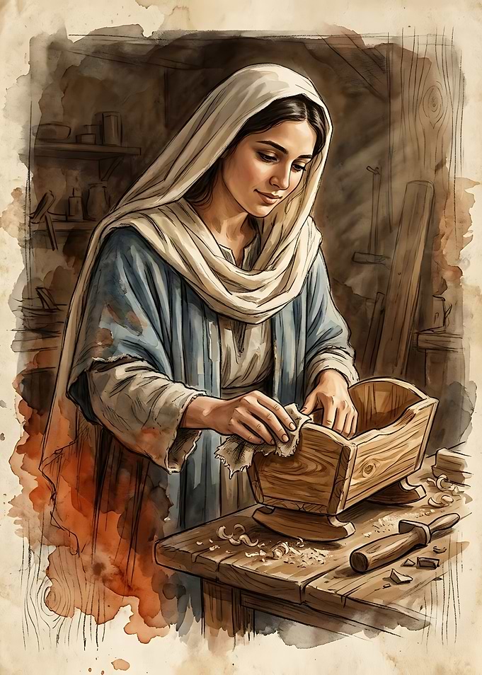 Mary Crafting a Wooden Cradle