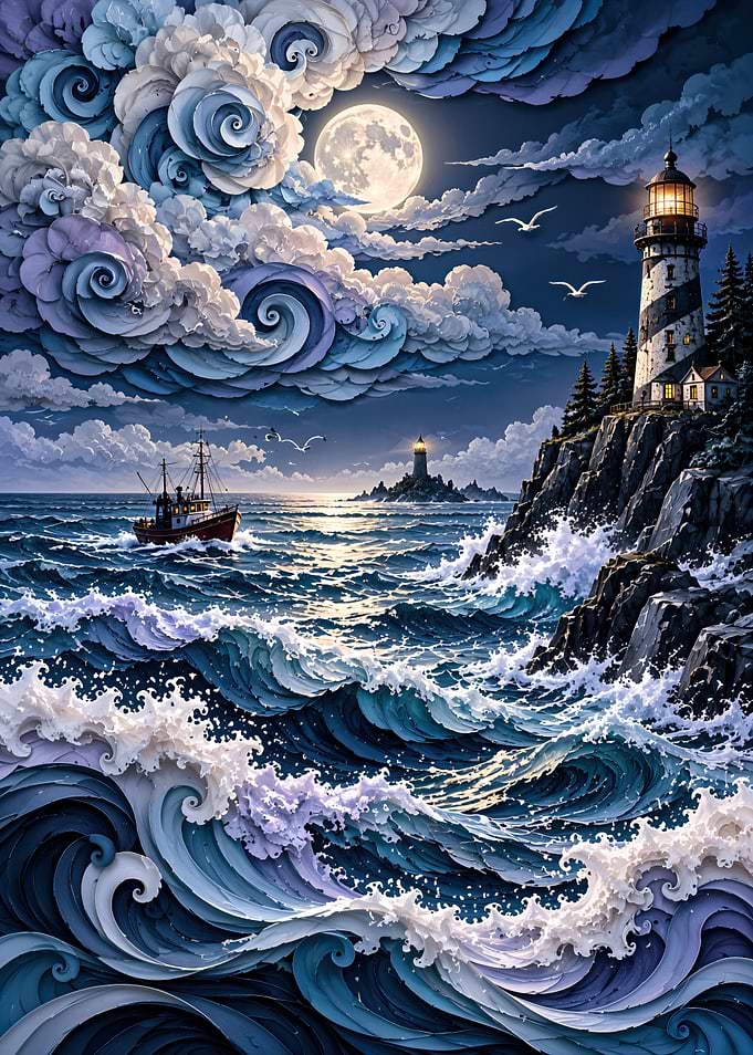 Moonlit Lighthouse and Stormy Sea