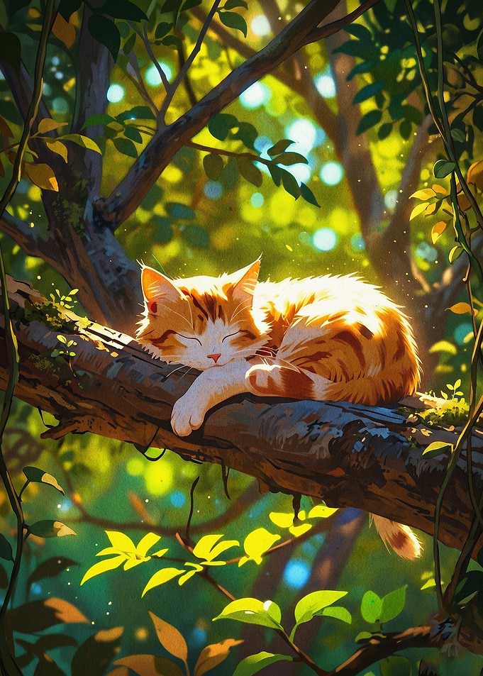 Sleeping Cat Tree Sunlit Art Poster