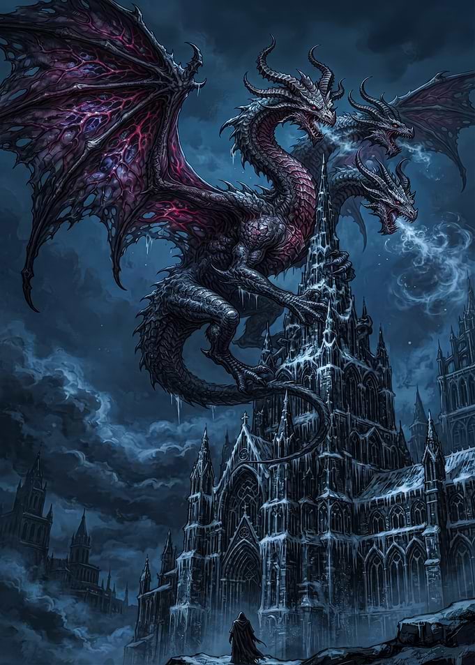 Three-Headed Dragon Perched on Gothic Castle
