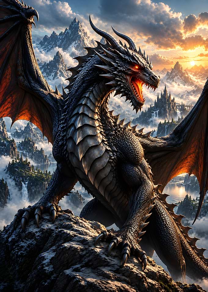 Majestic Black Dragon Over Mountain Peaks