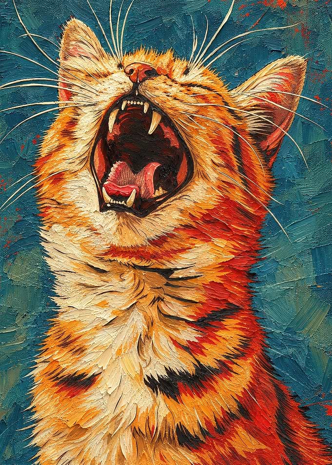 Oil Painting of Yawning Orange Cat