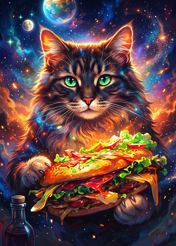 Cosmic Cat Burger Space Art Poster
