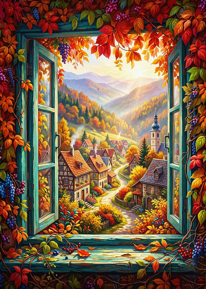 Autumn Village Window Landscape Art