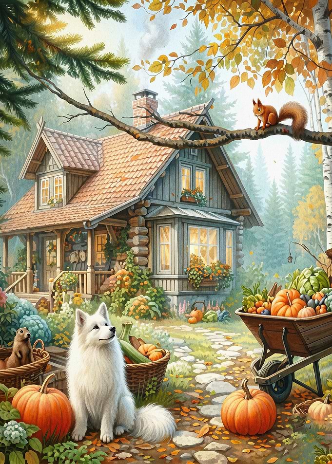 Autumn Cabin Dog Pumpkins Painting