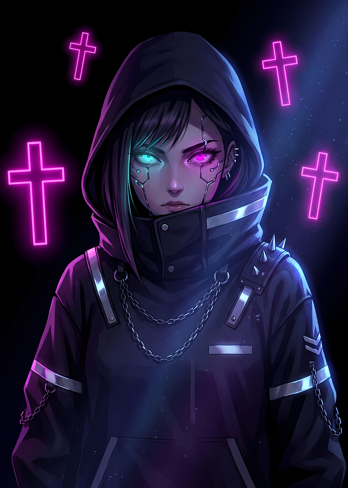 Cyberpunk Anime Girl with Neon Crosses