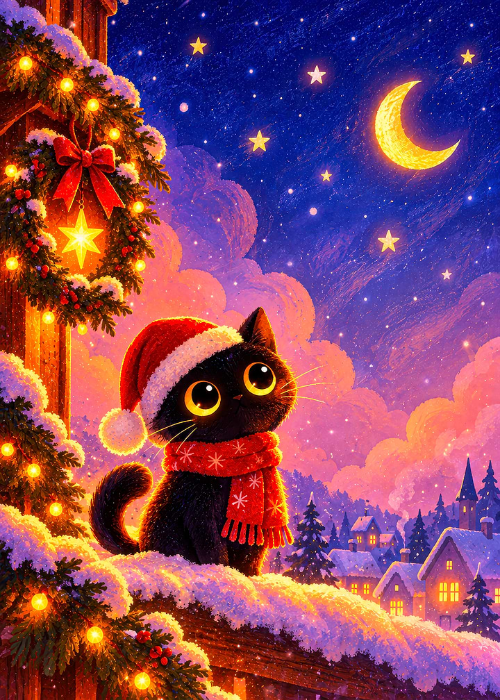 Cute Black Cat Christmas Night