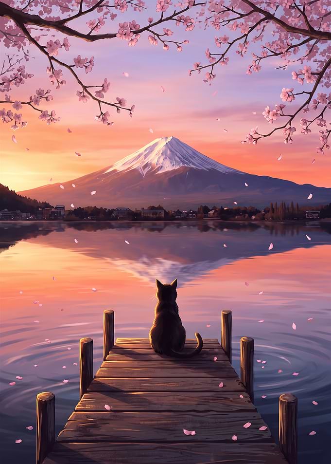 Cat Watching Mount Fuji at Sunset