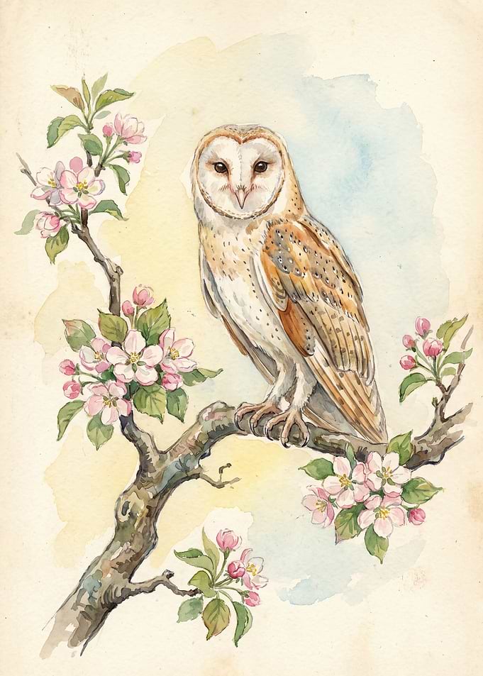Barn Owl on Apple Blossom Branch