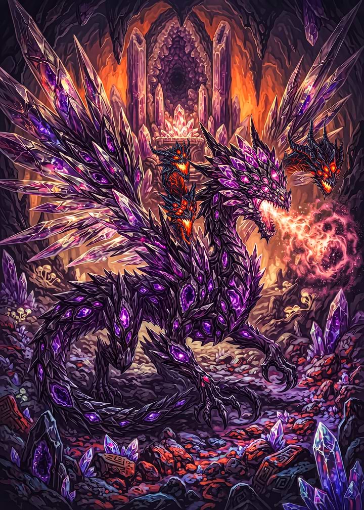 Three-Headed Crystal Dragon in Cave
