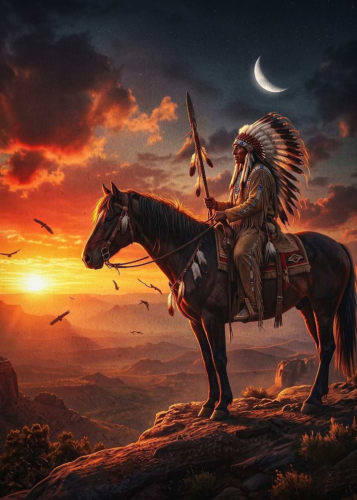 Native Chief Horse Sunset Art