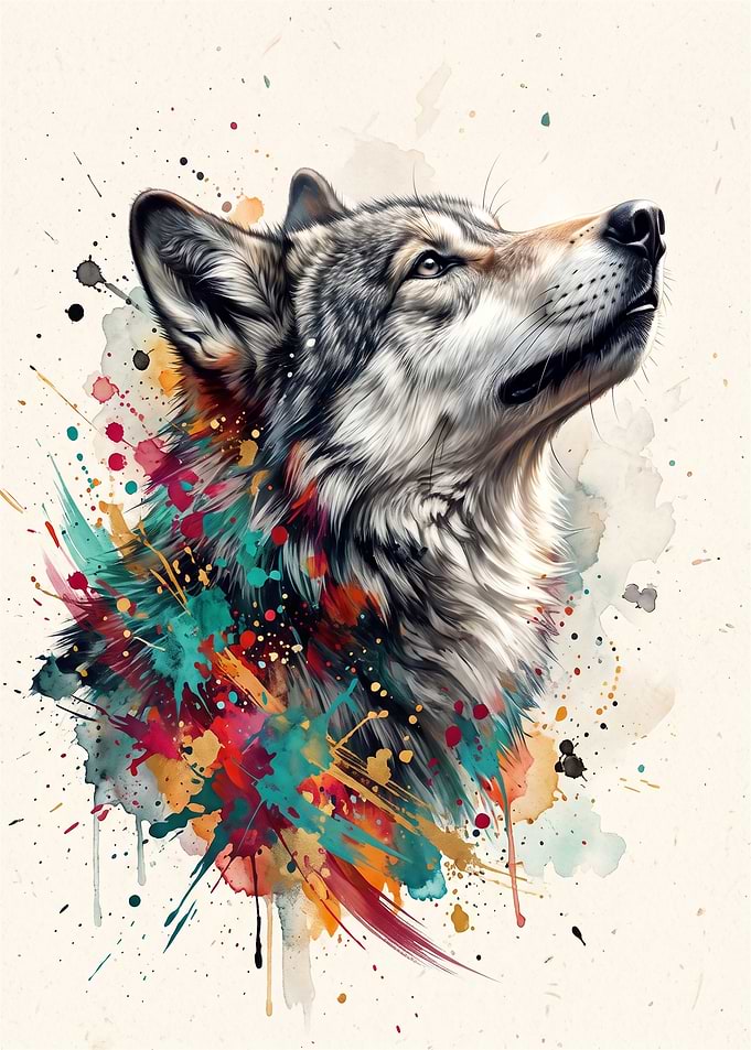 Watercolor Splatter Wolf Portrait