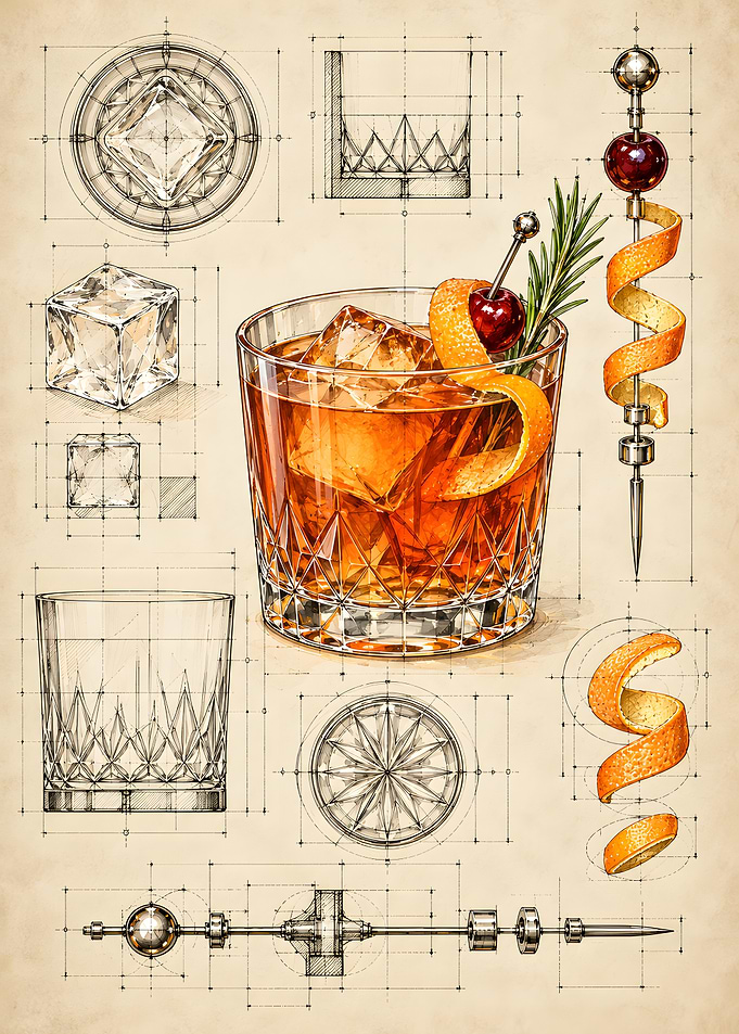 Old Fashioned Cocktail Blueprint Illustration