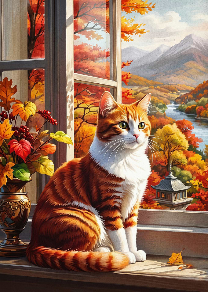 Cat Autumn Window Scenic Oil Poster