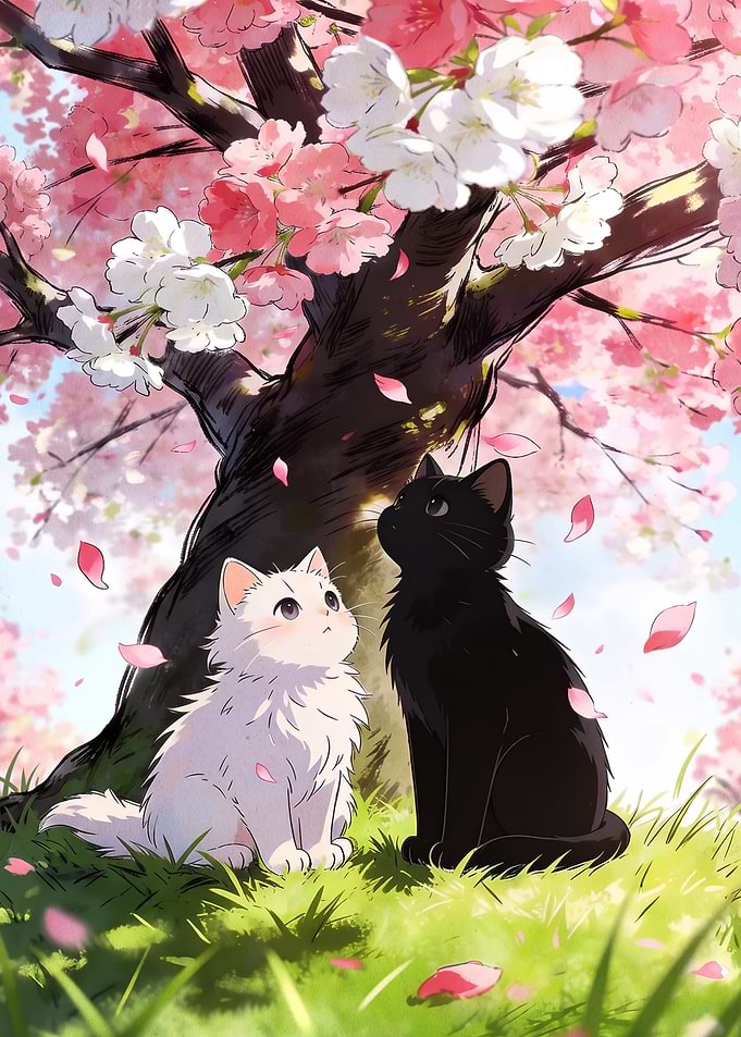Two Cats Under Cherry Blossom Tree