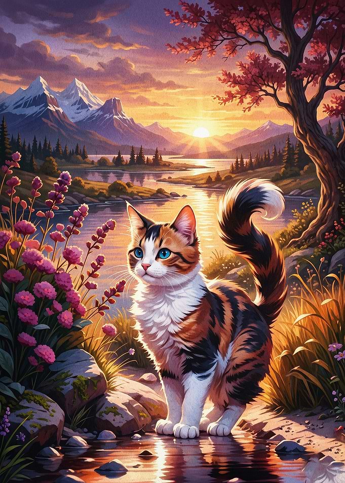 Calico Cat Sunset Mountains Art