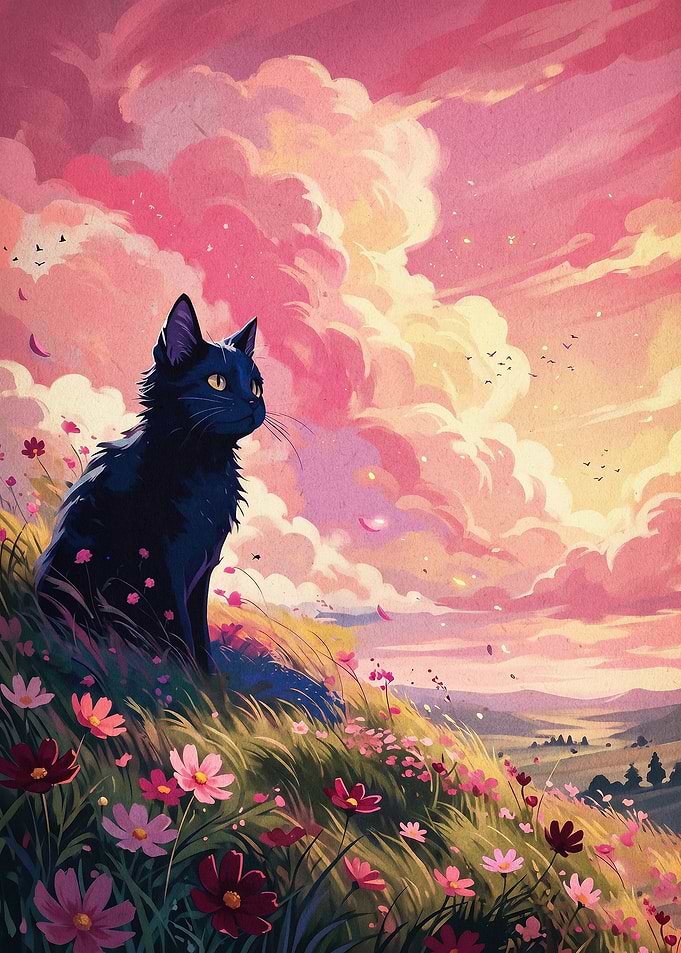 Black Cat Pastel Sky Fantasy Art