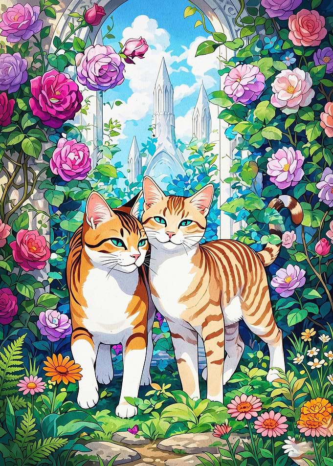 Cats in Garden Floral Anime Art