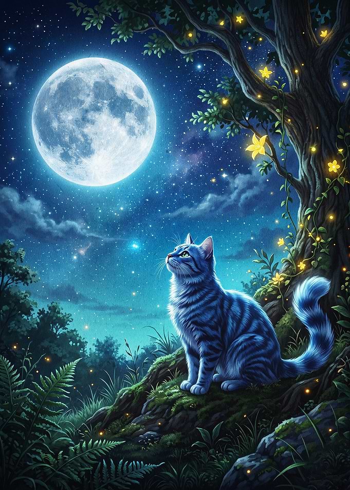Cat Moon Night Fantasy Art Poster