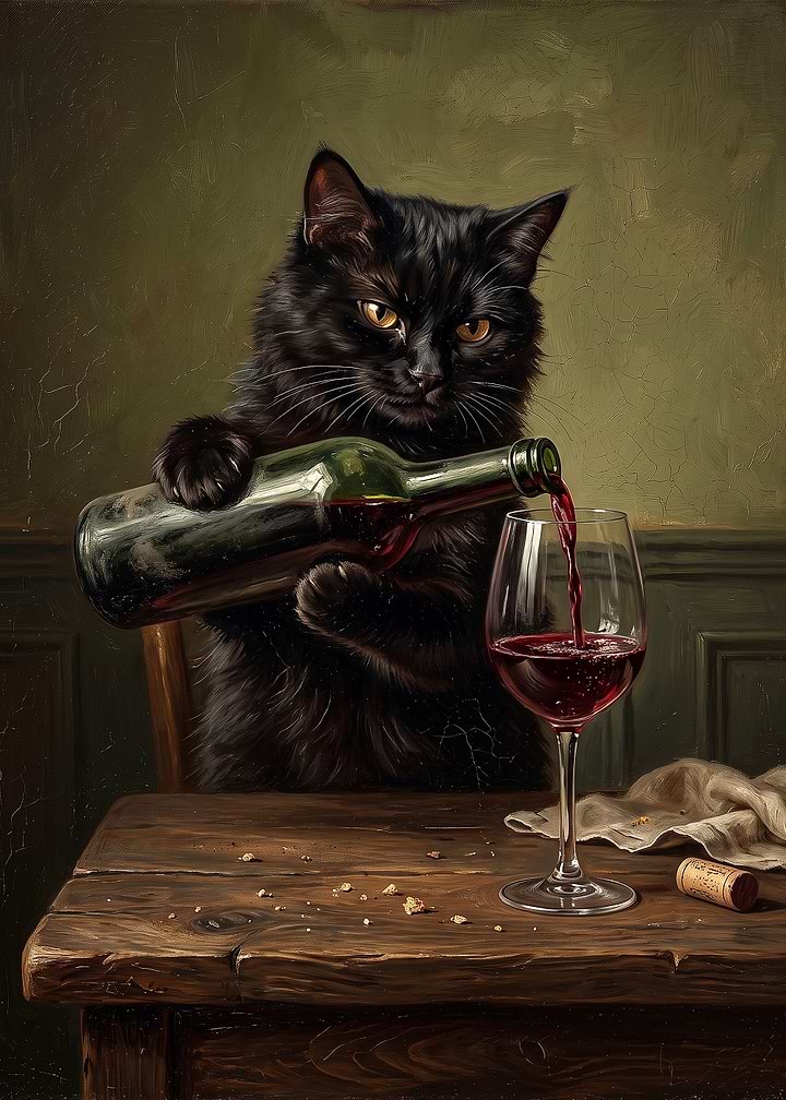 Sophisticated Black Cat Pouring Red Wine