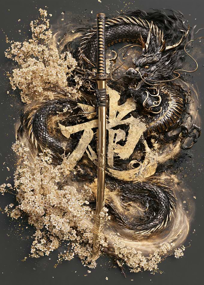 Golden Katana with Dragon and Blossoms