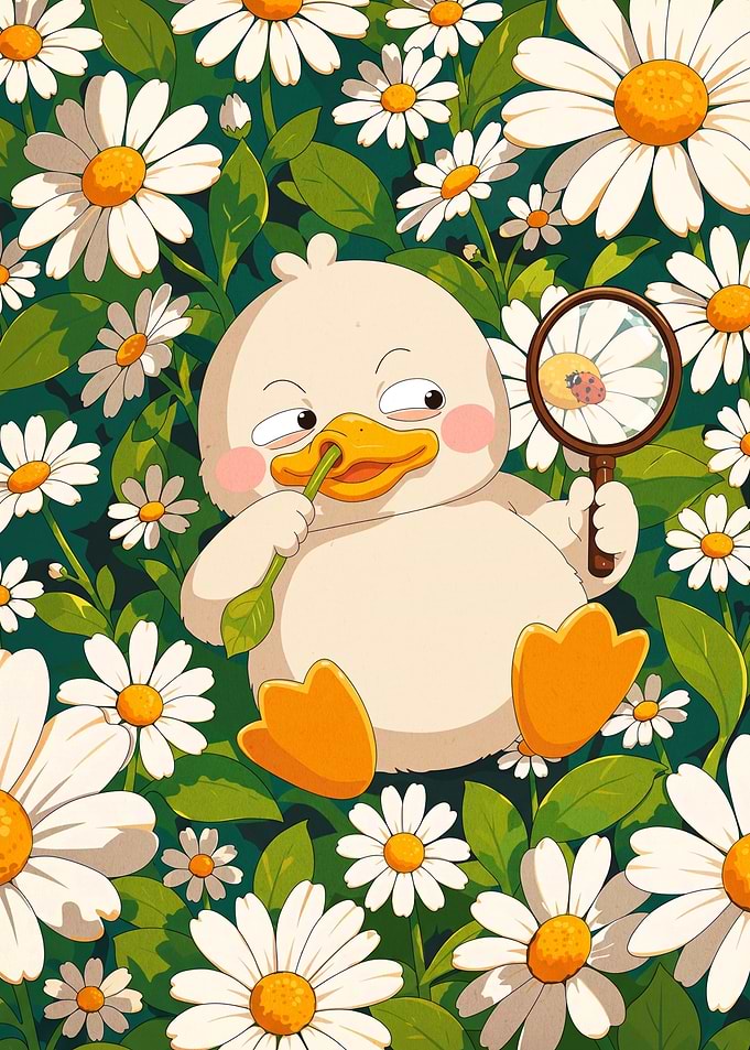 Cute Duck Exploring Daisy Field