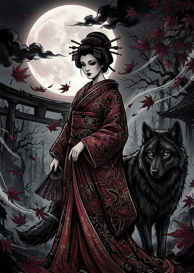 Geisha and Wolf Under Full Moon