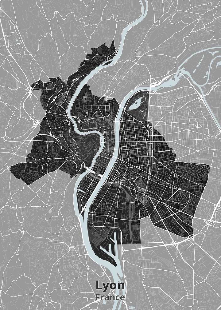 Minimalist Map of Lyon, France
