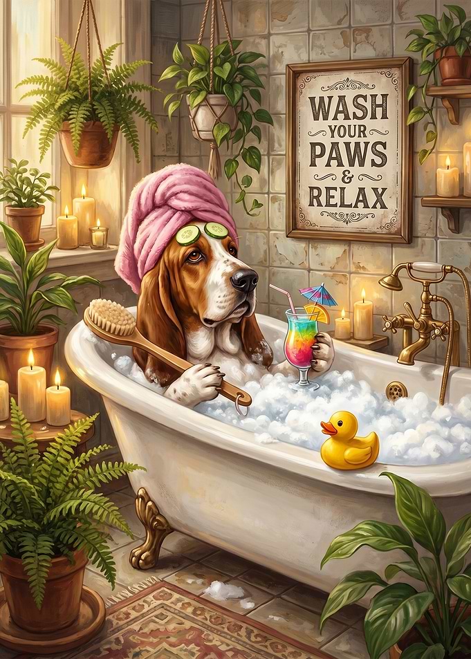 Basset Hound Relaxing in Bubble Bath