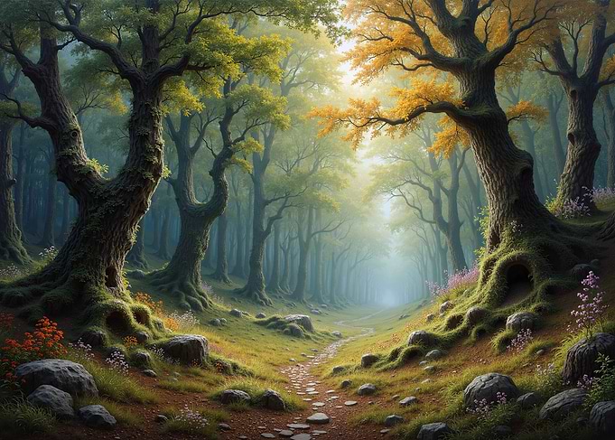 Enchanted Forest Path with Ancient Trees