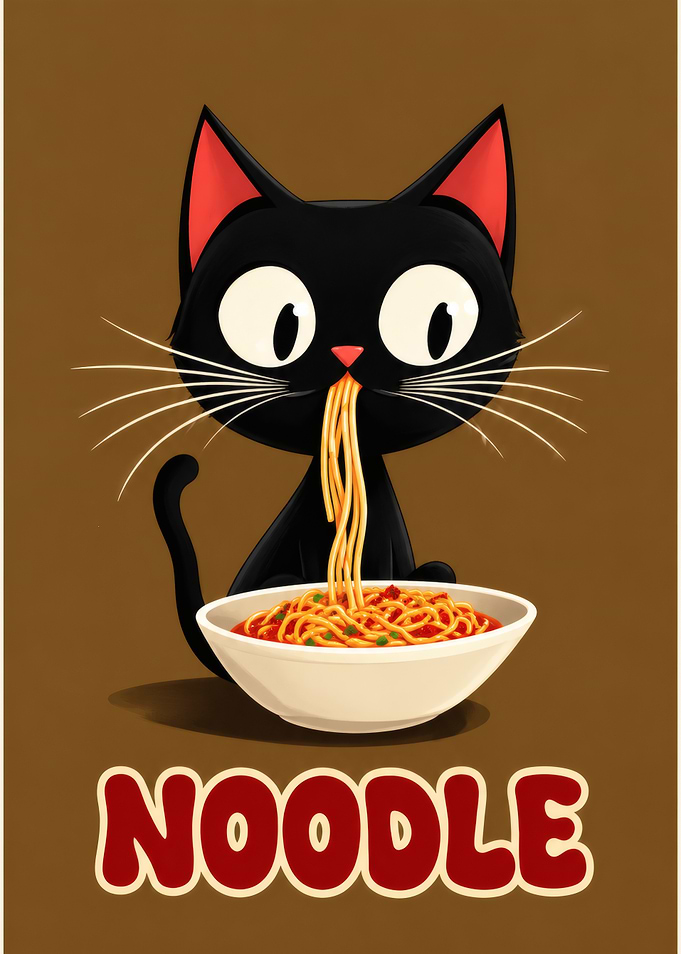 Cute Black Cat Eating Noodles
