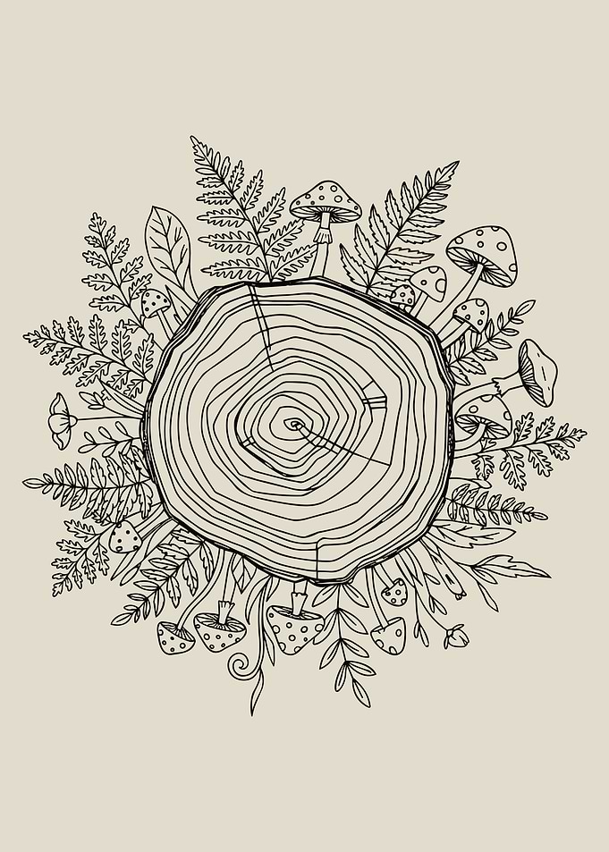 Tree Stump and Mushroom Line Art