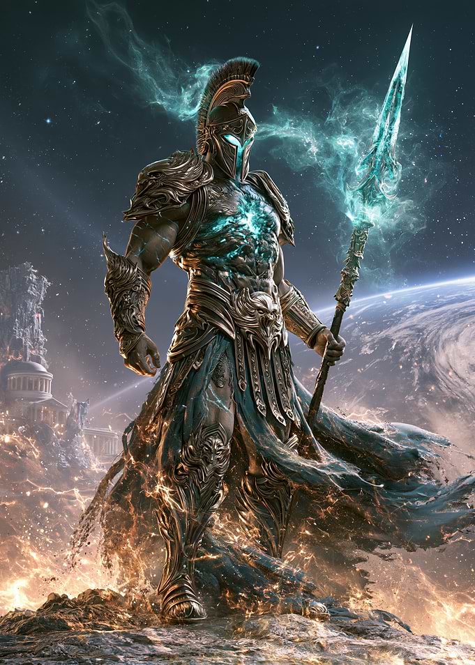 Cosmic Spartan Warrior with Glowing Spear
